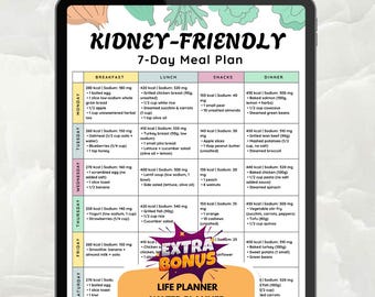 May include: A digital 7-day meal plan for a kidney-friendly diet, displayed on a tablet. The plan includes breakfast, lunch, snacks, and dinner options with calorie and sodium information. The tablet also displays the text "EXTRA BONUS" and "LIFE PLANNER WATER PLANNER GROCERY LIST (15 PAGES)".