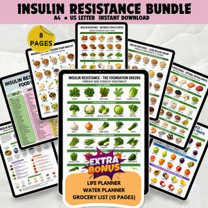 Peut inclure: Un ensemble numérique de 8 pages informatives intitulé Insulin Resistance Bundle, présentant des tableaux de groupes alimentaires comme les légumes fibreux, épices, céréales et protéines, avec un bonus supplémentaire de 15 pages.