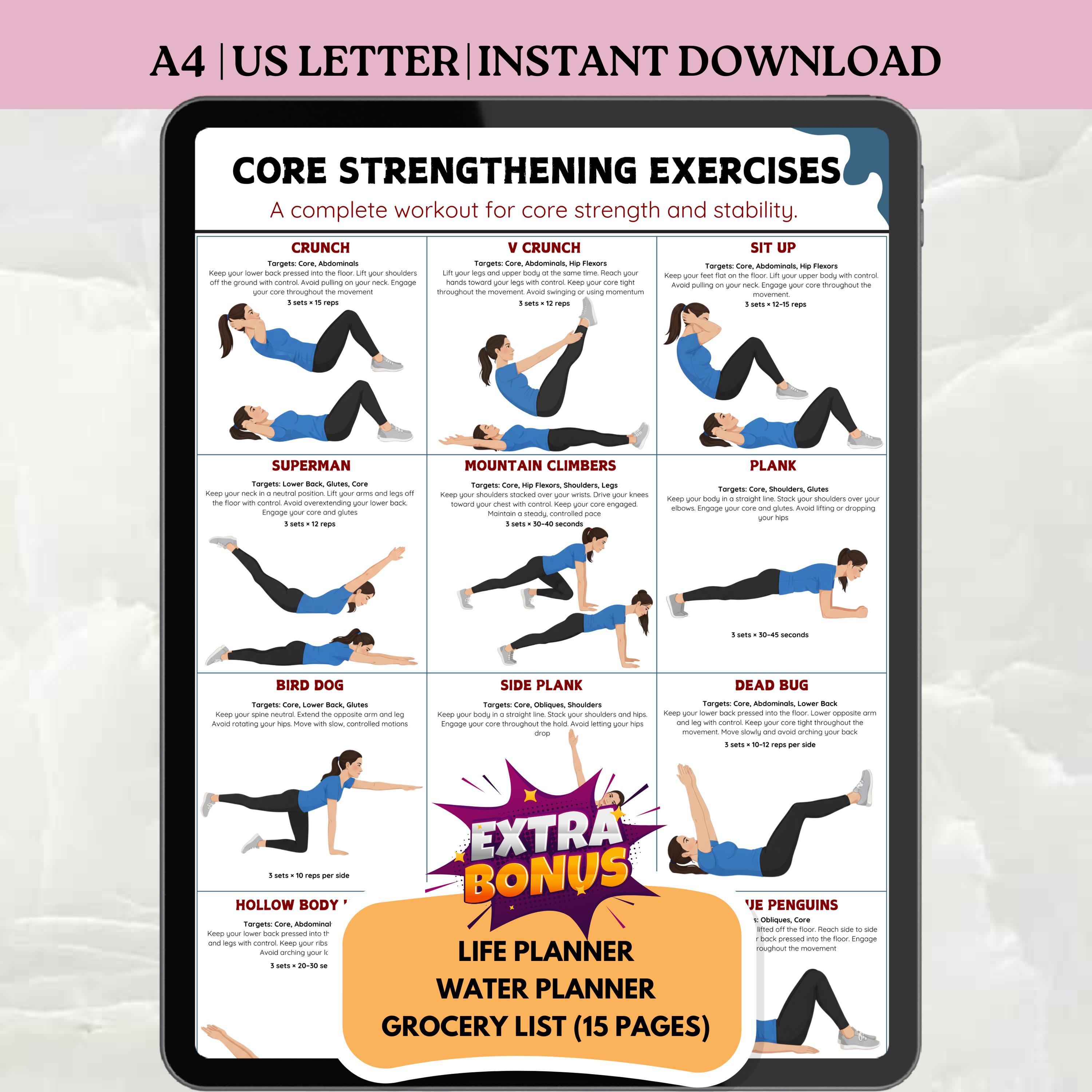 Core Strengthening Exercises Printable Poster | Abs & Core Workout ...