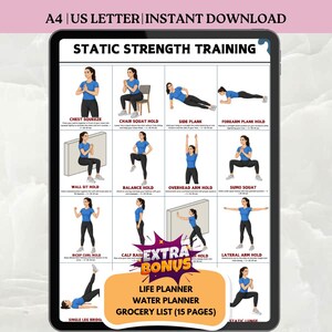 May include: A digital fitness guide displayed on a tablet, featuring various static strength training exercises. The guide includes exercises like chest squeeze, chair squat hold, side plank, and more. Bonus content includes a life planner, water planner, and grocery list.