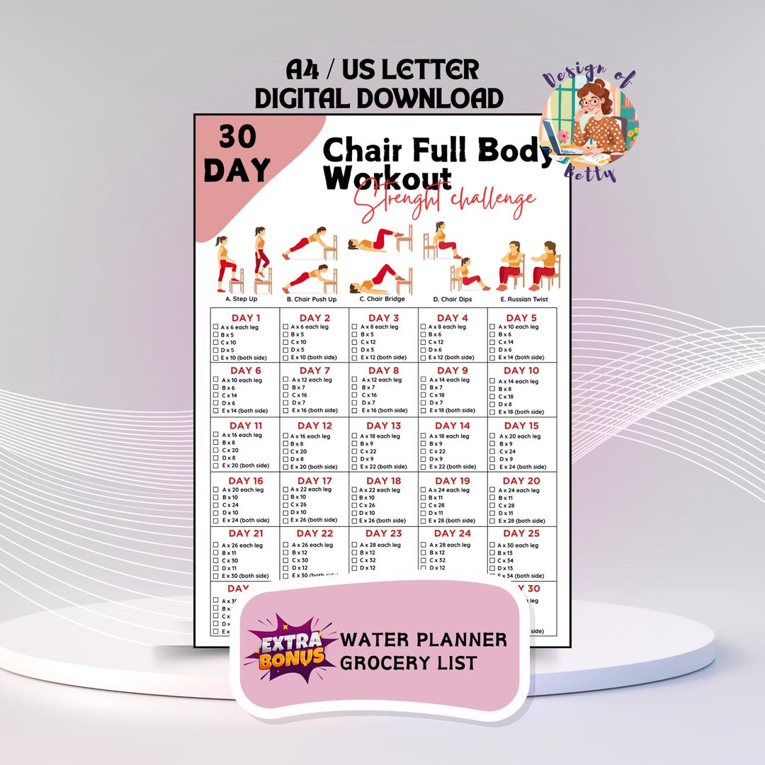 30 Day Chair Workout Challenge Printable, Chair Yoga Guide, 10 Mins ...