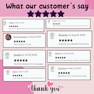 Puede incluir: Un gr&aacute;fico rosa con rese&ntilde;as de clientes y valoraciones por estrellas. El texto "What our customer's say" est&aacute; en la parte superior, seguido de comentarios de clientes y un mensaje de "gracias" en la parte inferior. Las rese&ntilde;as est&aacute;n fechadas e incluyen valoraciones por estrellas.