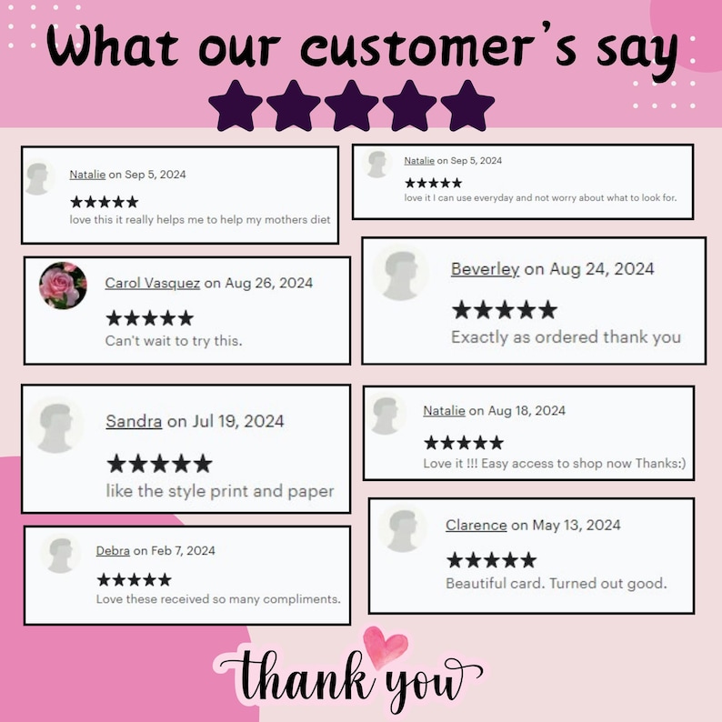 Puede incluir: Un gr&aacute;fico rosa con rese&ntilde;as de clientes y valoraciones por estrellas. El texto "What our customer's say" est&aacute; en la parte superior, seguido de comentarios de clientes y un mensaje de "gracias" en la parte inferior. Las rese&ntilde;as est&aacute;n fechadas e incluyen valoraciones por estrellas.
