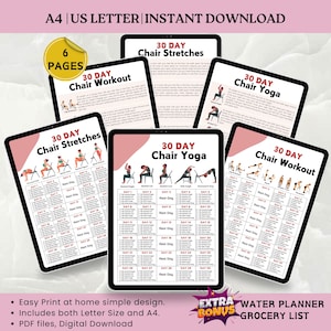 30 Day Chair Workout Challenge Bundle Printable, Chair Yoga Guide, Workout Planner Digital, Digital Office Workout, Sitting Workout