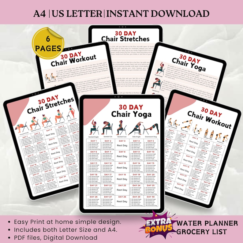 30 Day Chair Workout Challenge Bundle Printable, Chair Yoga Guide, Workout Planner Digital, Digital Office Workout, Sitting Workout image 1
