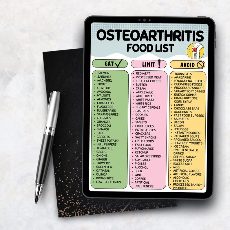 Puede incluir: Una tableta digital muestra una "Lista de alimentos para la osteoartritis" con categor&iacute;as. Un bol&iacute;grafo negro y un cuaderno negro con motas doradas est&aacute;n a la izquierda. Medidas en cm.