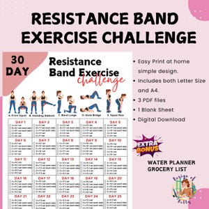 Défi exercice 30 jours avec bandes de résistance | Agenda numérique de remise en forme | Guide d&#39;exercices à domicile | Planificateur d&#39;entraînement numérique