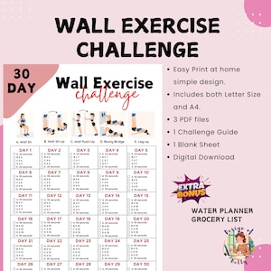 30 dagen muuroefeningsuitdaging afdrukbaar | Fitness aan de muur | Digitale Quick Workout | Lichaam opnieuw vormgeven | Muurpilates