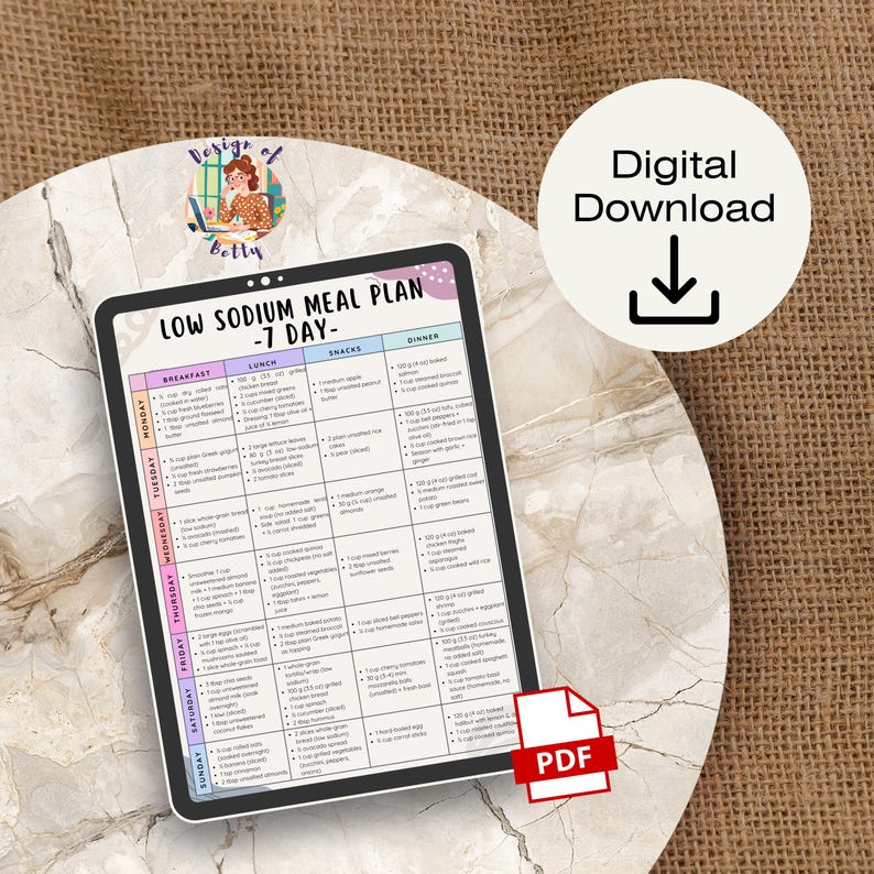 May include: A digital download of a low sodium meal plan for 7 days. The plan is displayed on a tablet with a white border, and includes breakfast, lunch, snacks, and dinner options. The image also includes a "Digital Download" icon and a PDF icon.