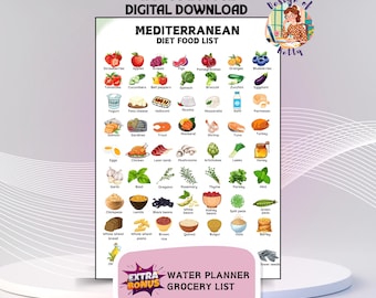 Tabla de alimentos mediterráneos, Guía de alimentación saludable, Lista de alimentos para la dieta mediterránea (imprimible), Lista de la compra mediterránea (PDF)