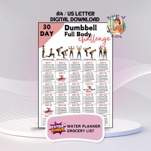 30-tägiges Ganzkörpertraining mit druckbaren Hanteln, inklusive Bonus-Infografik, A4 und US Letter, einfach zu folgendem Fitnessprogramm