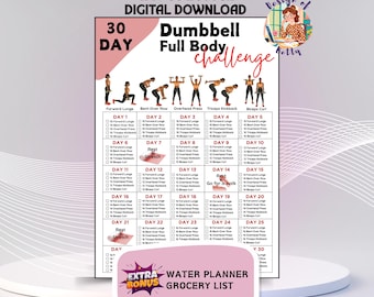 Programa de entrenamiento de 30 días para todo el cuerpo con mancuernas (imprimible), incluye infografía adicional, formato A4 y Carta (EE. UU.), programa de fitness fácil de seguir.