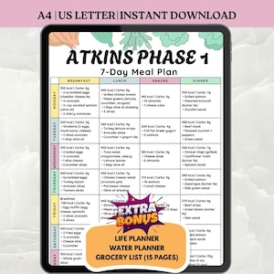 May include: A digital tablet displays an Atkins Phase 1 7-Day Meal Plan. The plan is divided into breakfast, lunch, snacks, and dinner, with detailed meal suggestions for each day of the week. The tablet also includes text that says "Life Planner, Water Planner, Grocery List (15 pages)".