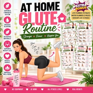 Peut inclure: Un guide de fitness numérique intitulé At Home Glute Routine avec des illustrations d'exercices, une gourde rose avec le texte Good Moves Brighter You, un tapis de yoga rose et une serviette rose. Inclut des planificateurs bonus.