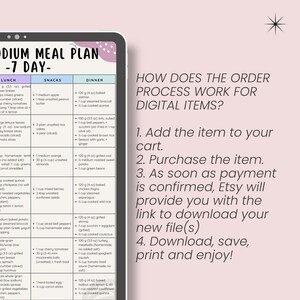 May include: A digital meal plan displayed on a tablet, featuring a 7-day low-sodium menu with lunch, snack, and dinner options. The screen also shows instructions on how to order digital items.