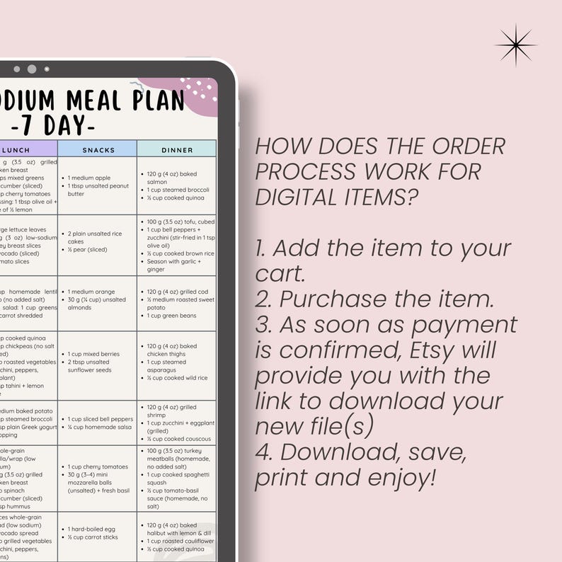 May include: A digital meal plan displayed on a tablet, featuring a 7-day low-sodium menu with lunch, snack, and dinner options. The screen also shows instructions on how to order digital items.
