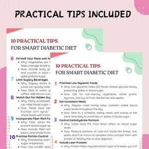 May include: A pink and white infographic with the title "PRACTICAL TIPS INCLUDED" and "10 PRACTICAL TIPS FOR SMART DIABETIC DIET." The tips include prioritizing low-glycemic foods, eating consistent meals, and controlling carbohydrate portions.