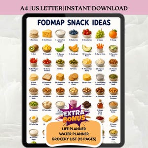 May include: A digital tablet displays a FODMAP snack ideas chart with numbered food illustrations and labels. An orange overlay at the bottom reads EXTRA BONUS LIFE PLANNER WATER PLANNER GROCERY LIST 15 PAGES. Top text reads A4 US LETTER INSTANT DOWNLOAD.