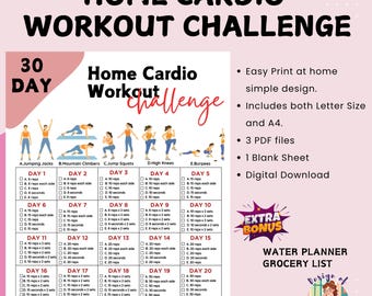30 Day Home Cardio Workout Challenge Printable, Home Fitness, Quick Workout digital, Reshape body, Cardio No Tools Workout