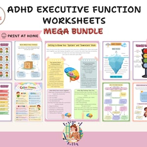 Könnte beinhalten: Eine Sammlung von Arbeitsblättern zur Exekutivfunktion bei ADHS, ein Mega-Bundle mit 262 Seiten. Die Arbeitsblätter behandeln Themen wie das Verstehen von Gefühlen, Beruhigungstechniken und die Gehirnfunktion. Der Text "ADHD Executive Function Worksheets Mega Bundle".