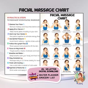 Könnte beinhalten: Ein digitaler Download-Gesichtsmassage-Chart mit Illustrationen und Anweisungen. Die Tabelle enthält 10 praktische Schritte zur Durchführung einer Gesichtsmassage, mit Diagrammen für jede Technik. Enthält auch einen Bonus-Wasserplaner und eine Einkaufsliste.
