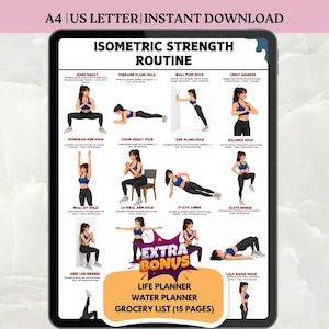 May include: A digital tablet displaying an Isometric Strength Routine chart with A4 and US Letter instant download text. The chart features illustrations of a person performing various exercises like squats, planks, and lunges, plus an extra bonus section.