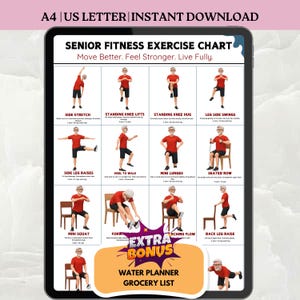 May include: A digital senior fitness exercise chart displayed on a tablet. The chart features illustrations of various exercises, including side stretches, knee lifts, and leg swings. The tablet also displays the text "Extra Bonus" and "Water Planner Grocery List".