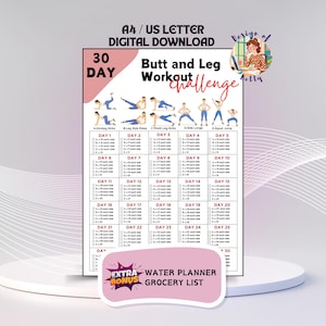 May include: A digital download fitness planner for a 30-day butt and leg workout challenge. The printable A4/US letter-sized document includes exercise illustrations, a water planner, and a grocery list. The design features a pink and white color scheme.