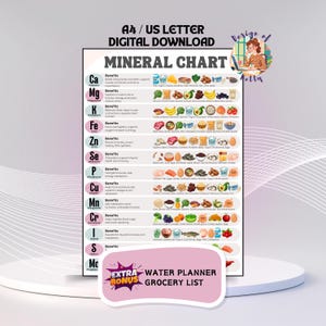 Op de afbeelding: Een digitale mineralenkaart met een witte achtergrond, met een lijst van mineralen en hun voordelen, samen met voedselbronnen. De kaart bevat de tekst "A4 / US LETTER DIGITAL DOWNLOAD" en "EXTRA BONUS WATER PLANNER GROCERY LIST".