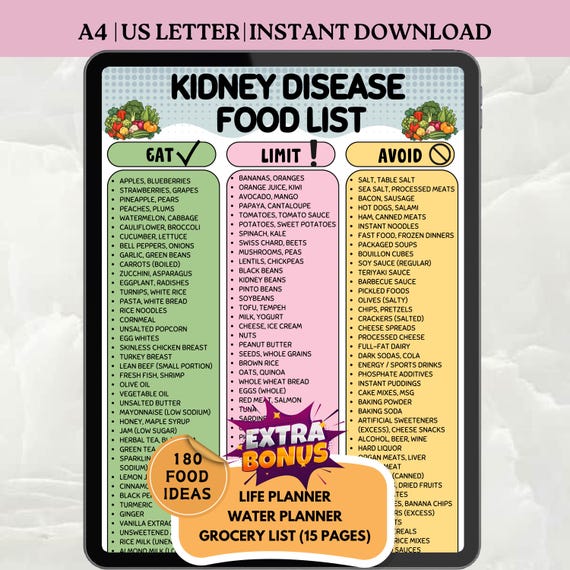 Kidney Disease Food List Printable | Renal Diet Eat Limit Avoid Chart | CKD Nutrition Guide | A4 US Letter | Instant Download
