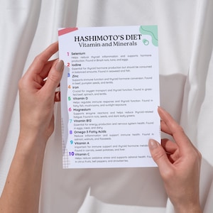 May include: A white card titled "HASHIMOTO'S DIET Vitamin and Minerals" is held by a person. The card lists ten vitamins and minerals with their benefits and food sources, including Selenium, Iodine, Zinc, Iron, Vitamin D, Magnesium, Vitamin B12, Omega-3 Fatty Acids, Vitamin A, and Vitamin C.