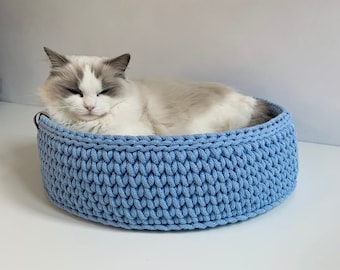 Panier pour chat bleu / Panier pour chat fait à la main / Panier pour chat au crochet / Lit pour chat / Panier au crochet