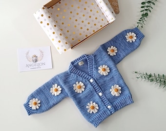 Cardigan per bambini - con margherite - Cardigan lavorato a maglia - Per ragazze, Per neonati - Completo primaverile per ragazze - Blu