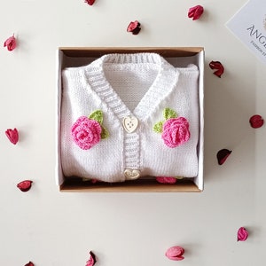 Children&#39;s Cardigan - With Pink Roses - Knitted Beautiful Cardigan - For Girls, For Babies - Spring Girl Outfit - White