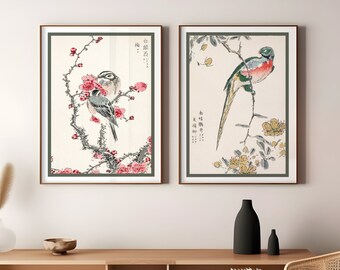 Colourful Japanese birds wall art set of 2, elegant artistic botanical prints, vintage art prints, stylish gift for home, A4 A3 A2 A1 sizes