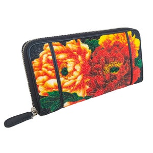 Carteira feminina de couro de arraia autêntica vermelho Yelloe com zíper único padrão de flor longa bolsa clássica novo presente para ela