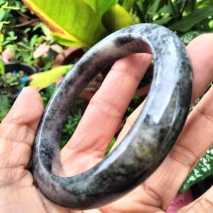 Burmese Jade Bangle Flat Belly Type Gray Dark Green Natural Jadeite Type A Size 61.9 mm