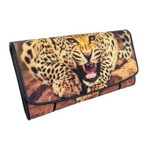 Auténtica cartera triple de cuero Stingray para mujer, color amarillo marrón, patrón de tigre, bolso clásico, nuevo regalo para ella