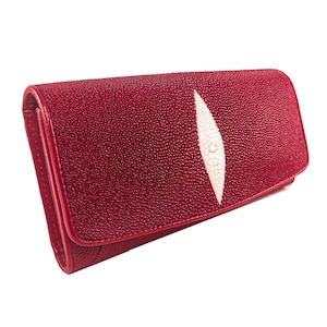 Auténtica cartera triple de cuero Stingray para mujer, color rojo vino, patrón de ojos, bolso clásico, nuevo regalo para ella