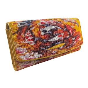 Cartera triple de piel auténtica Stingray para mujer, Color amarillo, blanco, rojo, patrón de pez carpa, bolso clásico, nuevo regalo para ella
