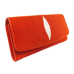 Auténtica cartera triple de cuero Stingray para mujer, color naranja, patrón de ojos, bolso clásico, nuevo regalo para ella
