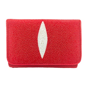 Auténtica cartera triple de cuero Stingray para mujer, color rojo brillante, patrón de ojos, bolso mediano, nuevo regalo para ella