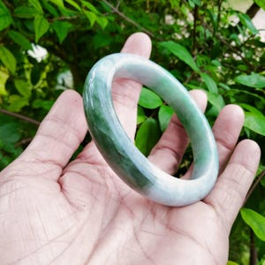 Burmese Jade Bangle Green Apple Gray Flat Belly Shape Natural Jadeite Type A Inner Size 59 mm.