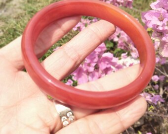 Burmese Honey Jade Bangle Red Orange Tone Flat Belly Shape Beautiful Shiny Size 64 mm