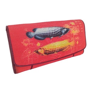 Auténtica cartera triple de cuero Stingray para mujer, color naranja, dorado, plateado, doble patrón de pez dragón, bolso clásico, nuevo regalo para ella