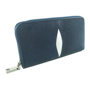Carteira feminina de couro Stingray autêntica azul com zíper único padrão de olho longo bolsa clássica novo presente para ela