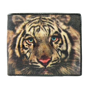 Auténtica cartera de cuero Stingray para hombre, color marrón, negro, patrón de tigre, tarjetero, monedero con cremallera, regalo para él