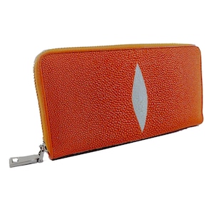 Carteira feminina de couro Stingray autêntica laranja com zíper único padrão de olho longo bolsa clássica novo presente para ela