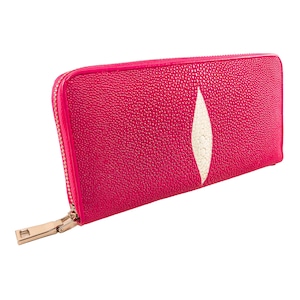 Carteira feminina de couro Stingray autêntica rosa com zíper único padrão de olho longo bolsa clássica novo presente para ela