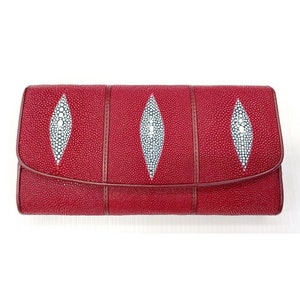 Cartera de piel auténtica de raya para mujer, tres pliegues, larga, con estampado de seis perlas, color rojo, para regalar.
